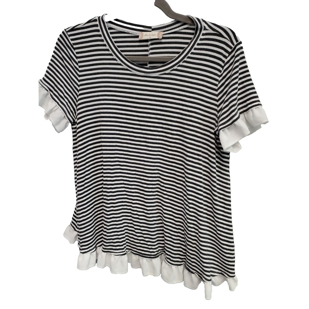 Altar'd State Top Womens Medium Black White Stripe Ruffle Trimmed Short Sleeve